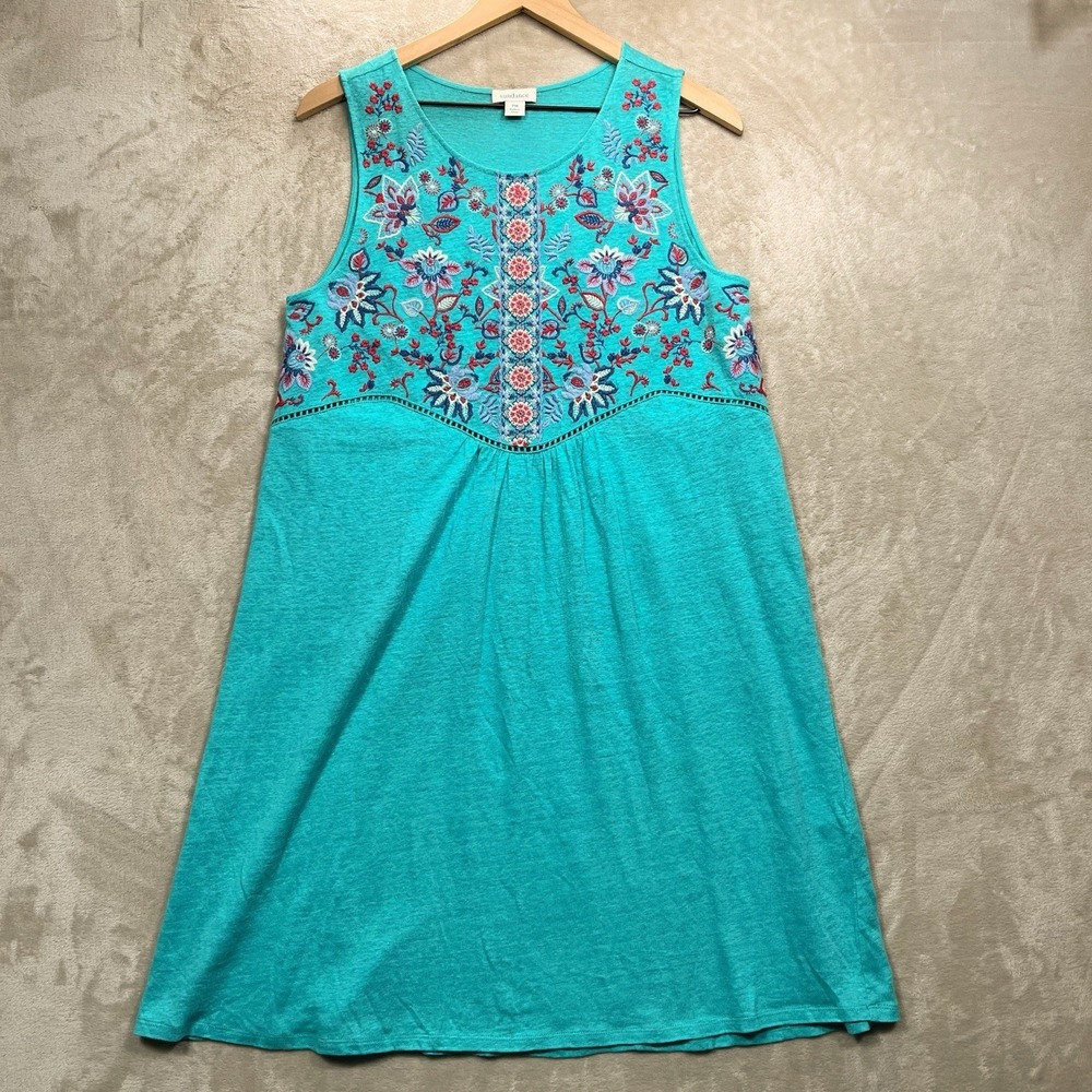 Sundance BOHO Hidden Garden Turquoise Tank Dress Embroidered Linen Knit P/M